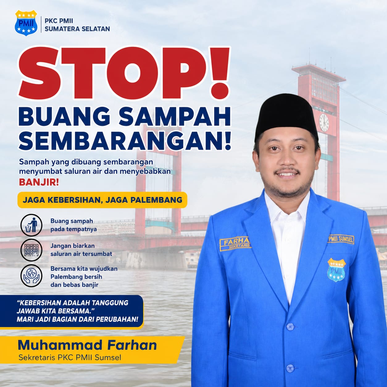 Farhan, Sekretaris PKC PMII Sumsel Ajak Warga Stop Buang Sampah Sembarangan untuk Tekan Banjir di Palembang